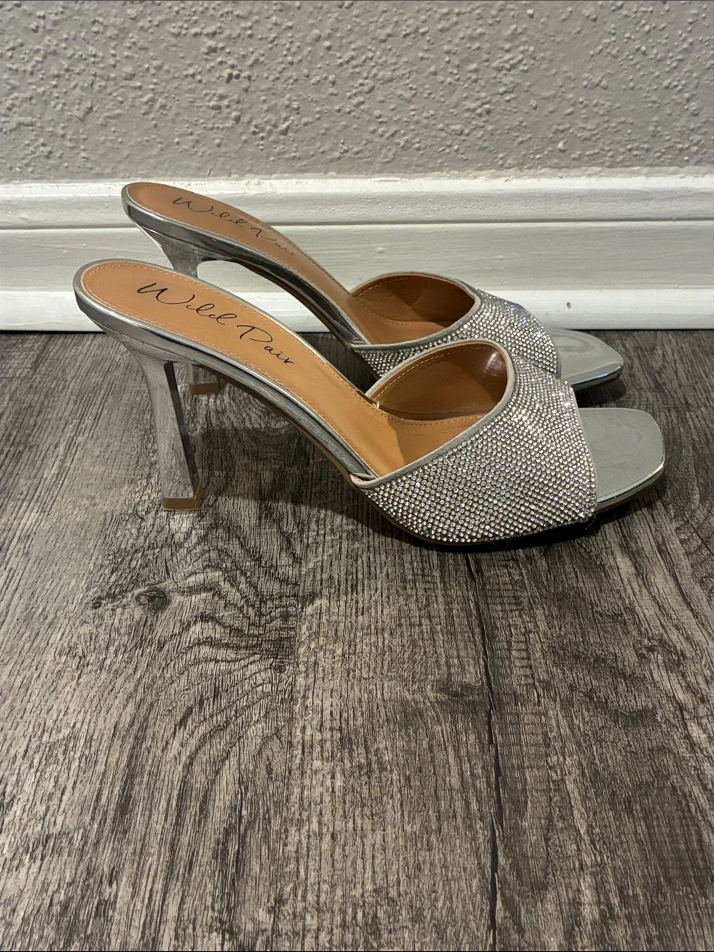 Wild Pair Silver Rhinestone Slide Mules - Picture 8 of 11